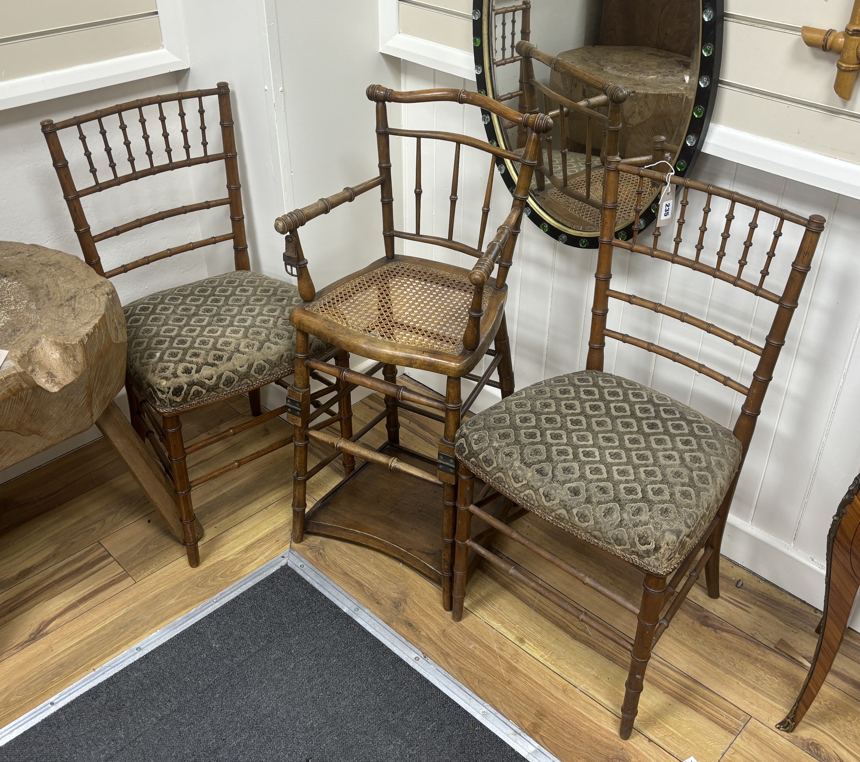 A pair of late 19th century French faux bamboo side chairs and a caned fruitwood metamorphic high chair